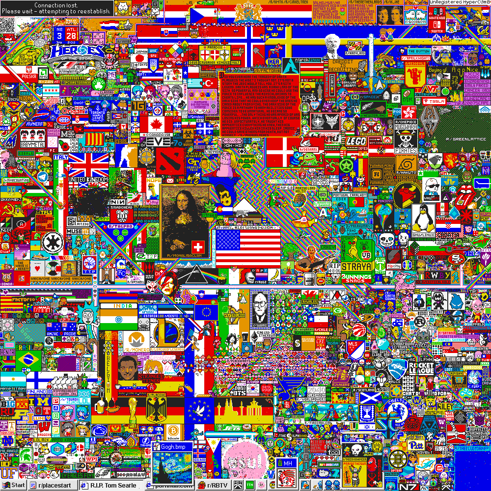 The finished r/place canvas of April 2017: a dense mosaic of flags, logos and pixel artworks made by many communities.